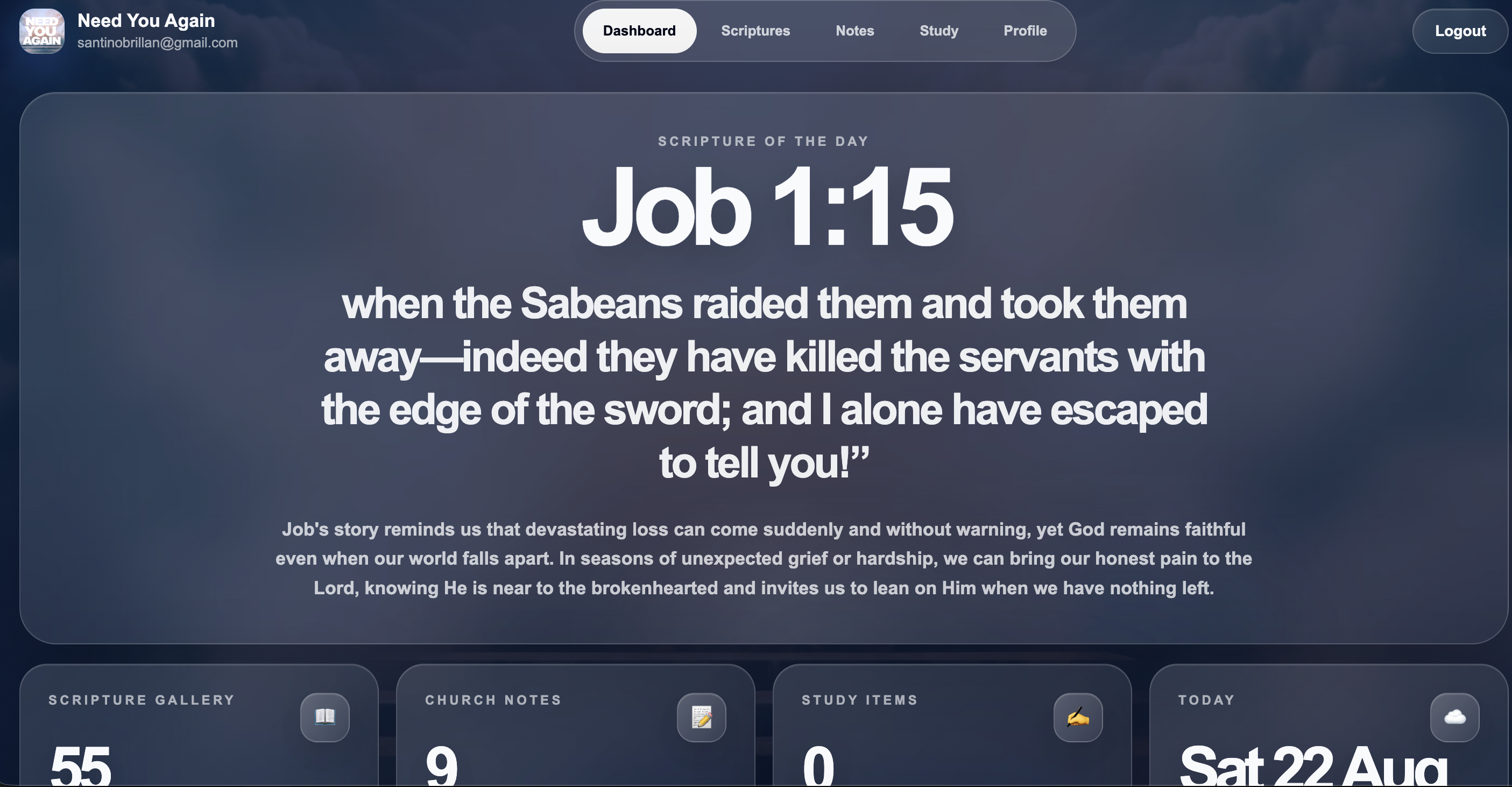 Need You Again dashboard showing scripture of the day