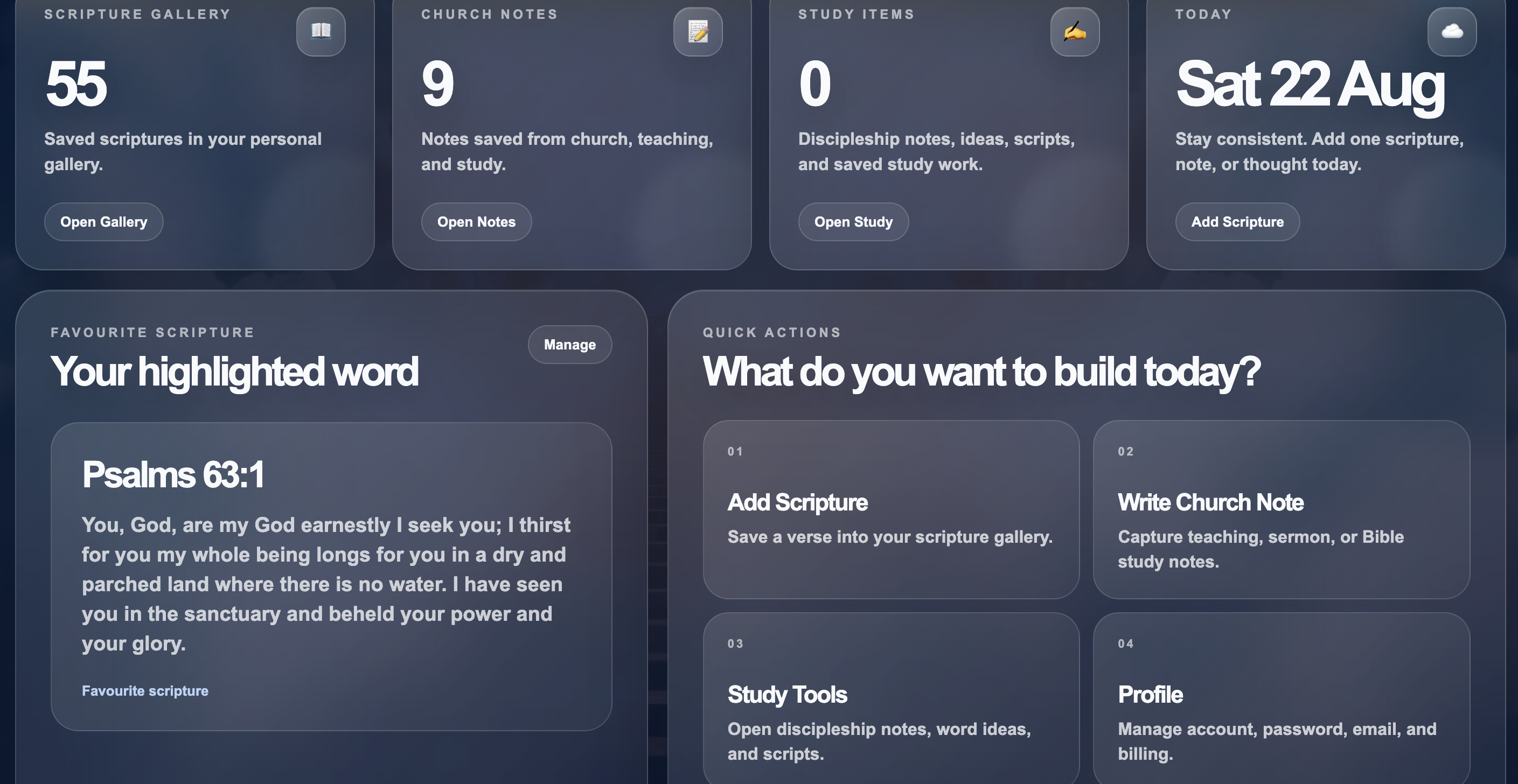 Need You Again dashboard showing favourite scripture and quick actions